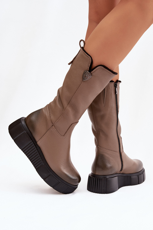 Zazoo 70121 Шкіряні Жіночі Чоботи З Вовною Темно Бежеві