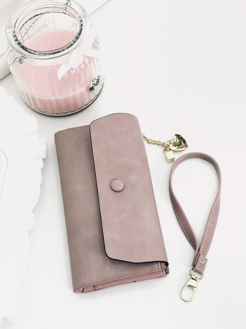 Великий жіночий гаманець з брелоком у формі сердечка, пудрово-рожевий