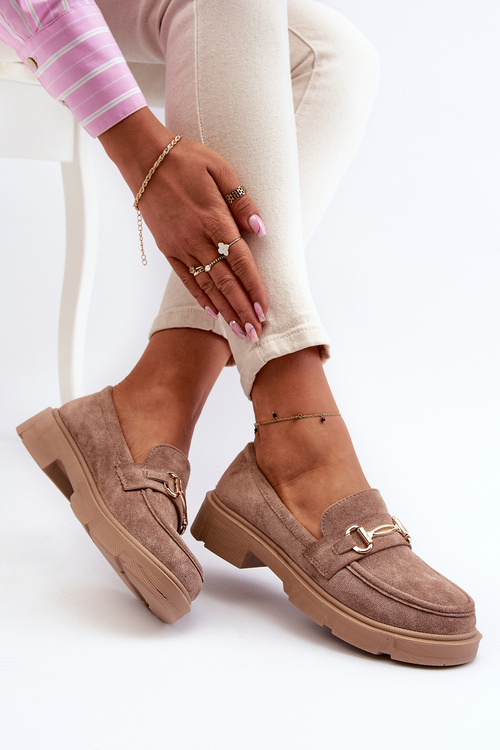 Жіночі лофери із золотистим декором з еко-замші коричневого кольору Lighas