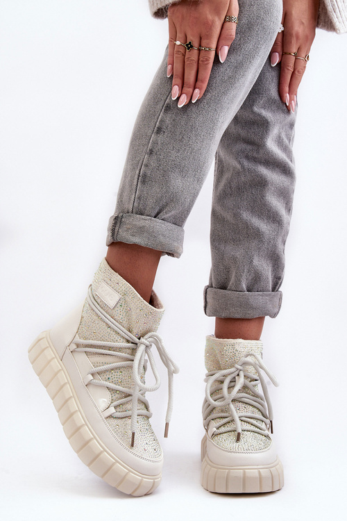 Жіночі стьобані зимові черевики зі стразами GOE MM2N4081 Бежеві