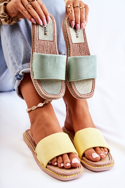 Жіночі замшеві тапочки жовто-зелені