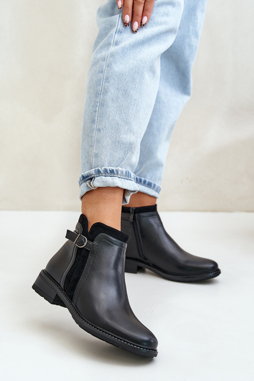 Теплі жіночі ботильйони на низькому ходу та блискавці з екошкіри Taitha чорного кольору