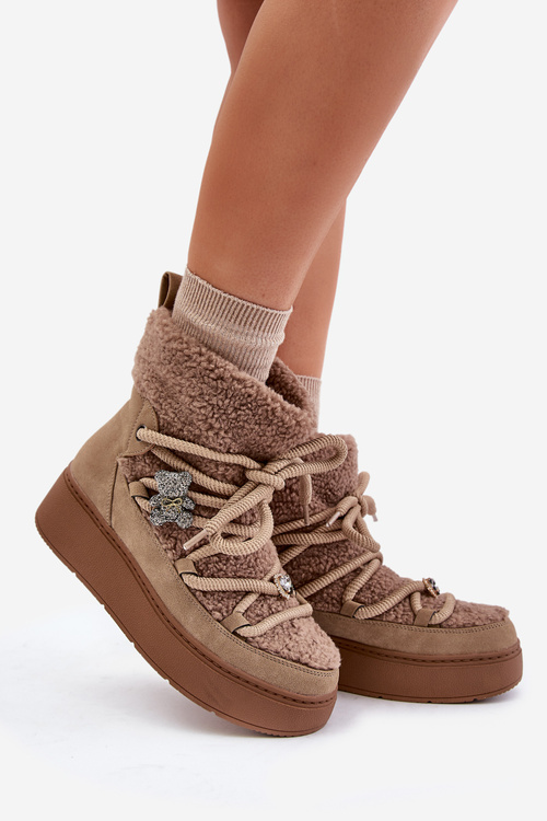 Жіночі зимові черевики з декором і хутром ягняти коричневого кольору Almatiza