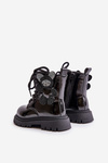 Утеплені чоботи для дівчинки з ведмедиком на блискавці, чорні лаковані Relobia