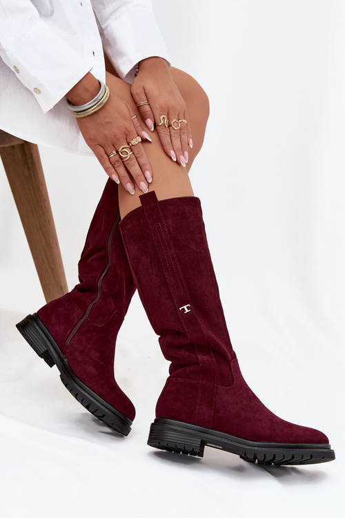 Жіночі утеплені чоботи на плоскому каблуці Eco замш Бордо Delyssa
