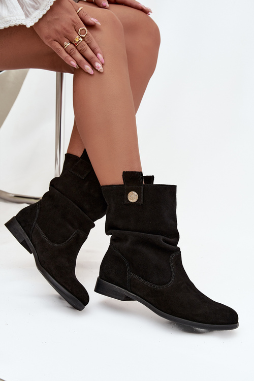 Шкіряні замшеві жіночі ботильйони з зібраннями ізоляція Zazoo 4210 Чорні