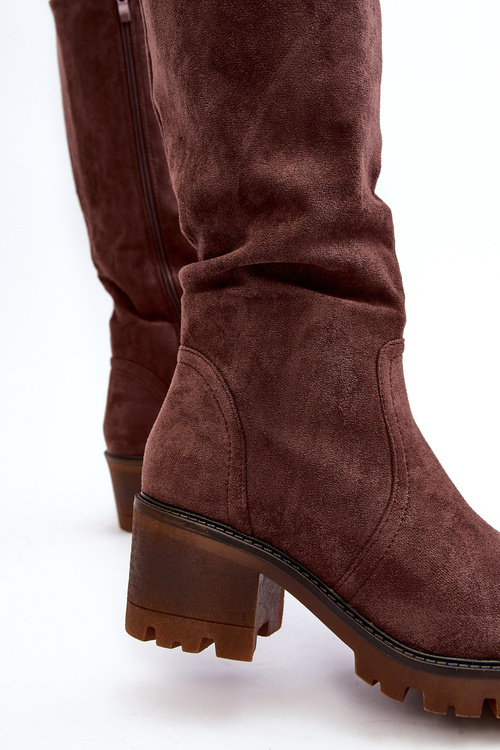 Жіночі чоботи вище коліна на низькому каблуці Темно-коричневі Beveta