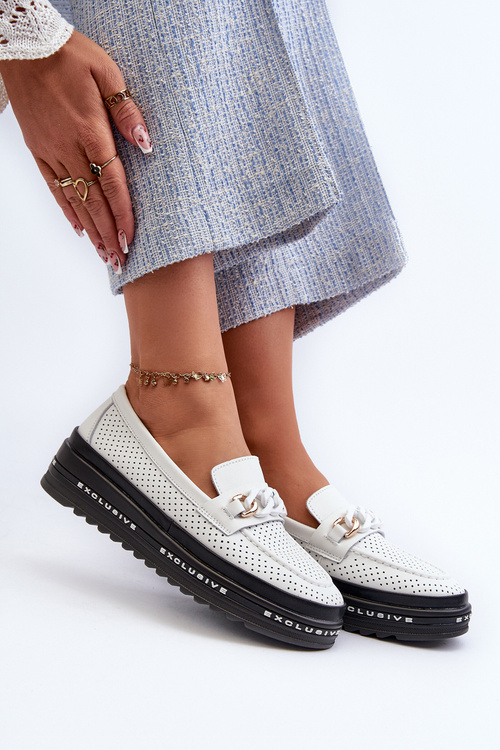 Жіночі шкіряні лофери на платформі з ланцюжком S.Barski LR618 білі