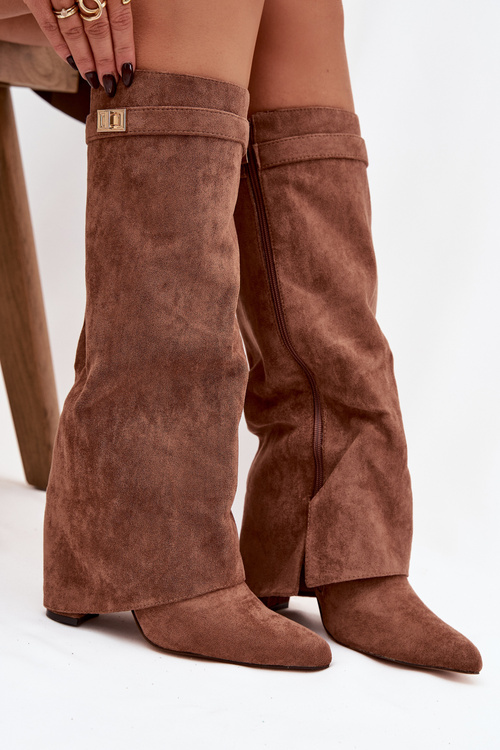 Evo екологічні замшеві чоботи підборах колона з блискавкою підкладкою закручена гомілка темно бежевий Evyra