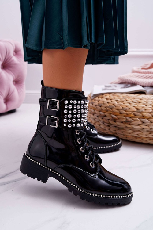 Жіночі військові лаковані черевики на плоскій підошві чорні Bemmer