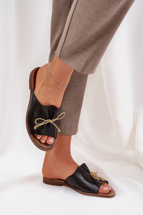 Шкіряні Плоскі Елегантні Сандалі З Бантиком Lewski 3572 Чорні