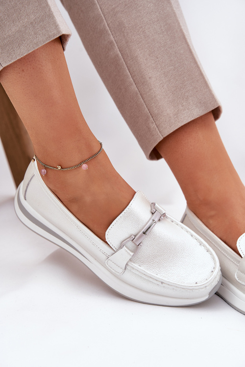 Шкіряні Жіночі Мокасини З Декором D&A LR51-966 Сріблясті