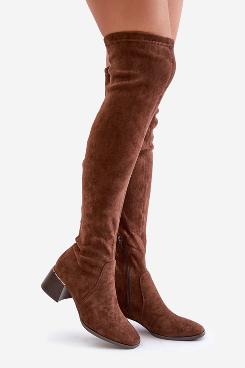 Високі чоботи на підборах з еко-замші коричневого кольору Galadi