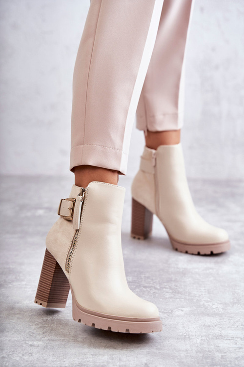 Шкіряні чоботи на високих підборах з декоративною блискавкою Бежеві Rosita