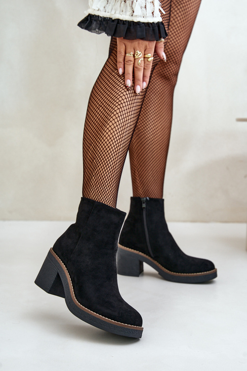 Чоботи на підборах, еко-замша, утеплена блискавка, чорні Lerallea