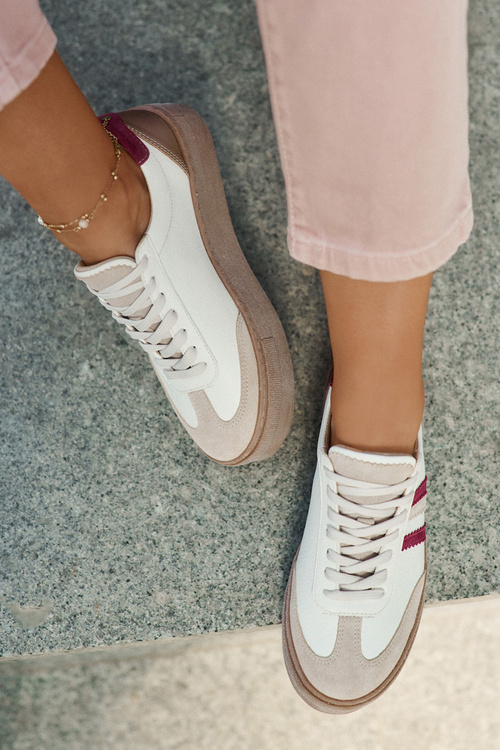 Шкіряні Жіночі Кросівки На Платформі Zazoo N1234 Бежево-Червоні