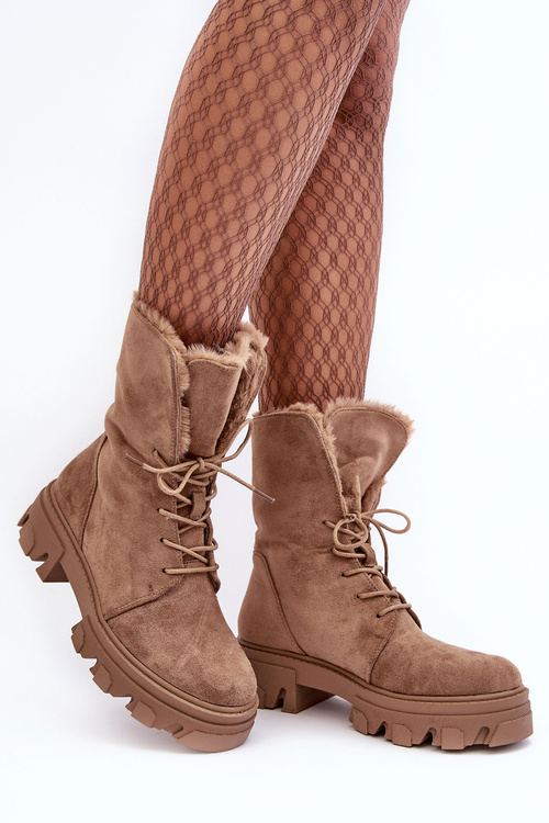Замшеві черевики на шнурівці з хутряною обробкою темно-бежевого кольору Frendo