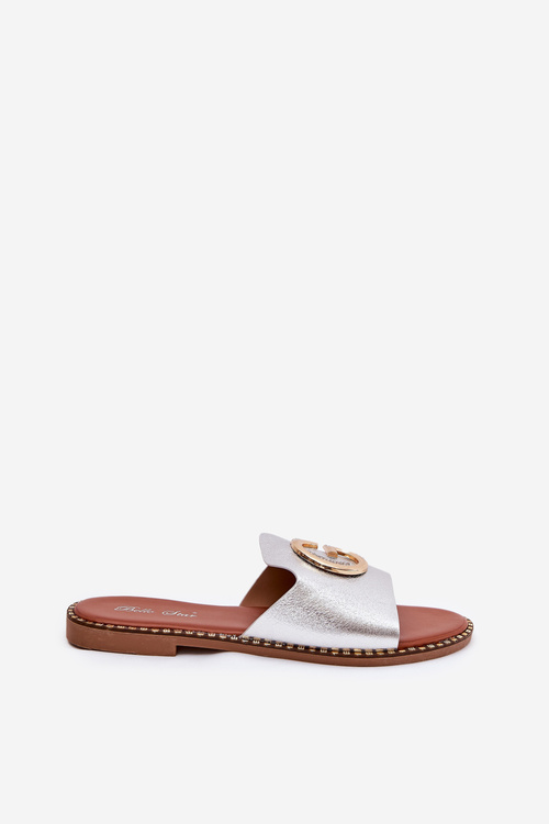 Еко Шкіряні Плоскі Сандалі Для Жінок З Декоративним Елементом Сріблясті Frelie