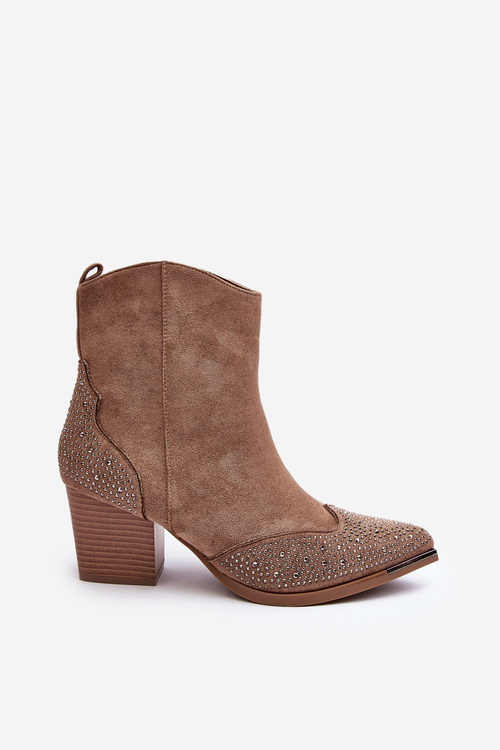 Жіночі ковбойські чоботи на каблуці з прикрасами бежеві Eleduana