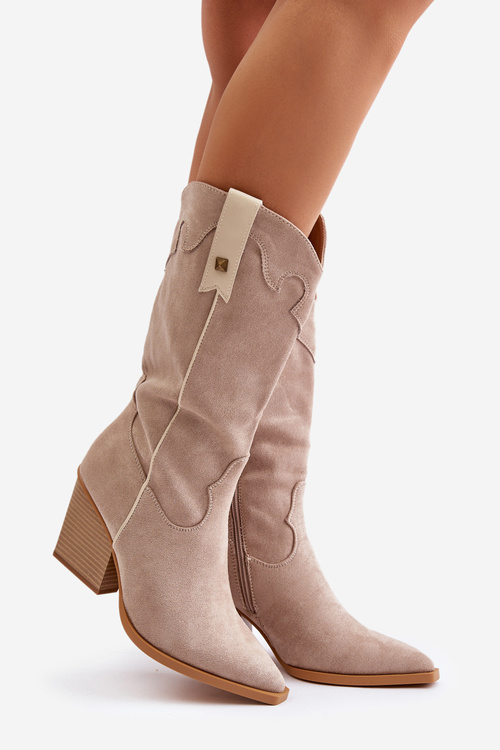 Утеплені ковбойські чоботи на каблуці з еко-замші бежеві Hanivin