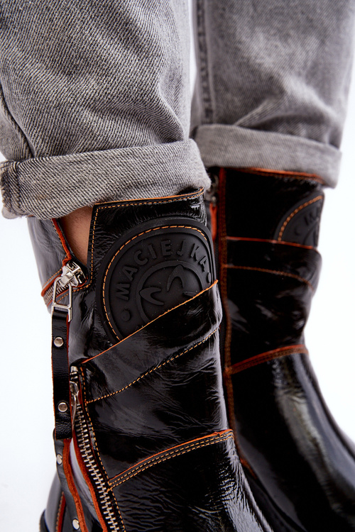 Жіночі глянцеві шкіряні чоботи на блискавці Maciejka 06238-18 Чорні