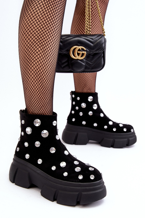 Замшеві утеплені черевики з кристалами D A MR52-205 Чорні Botki Damskie