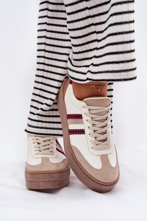 Шкіряні Жіночі Кросівки На Платформі Zazoo N1234 Бежево-Червоні