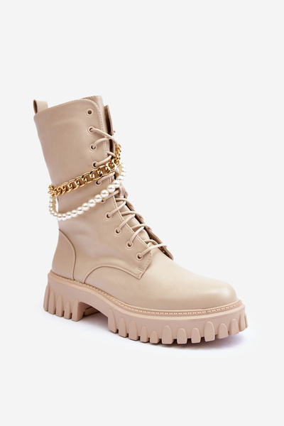 Шкіряні високі черевики з ланцюжком бежеві Nameer