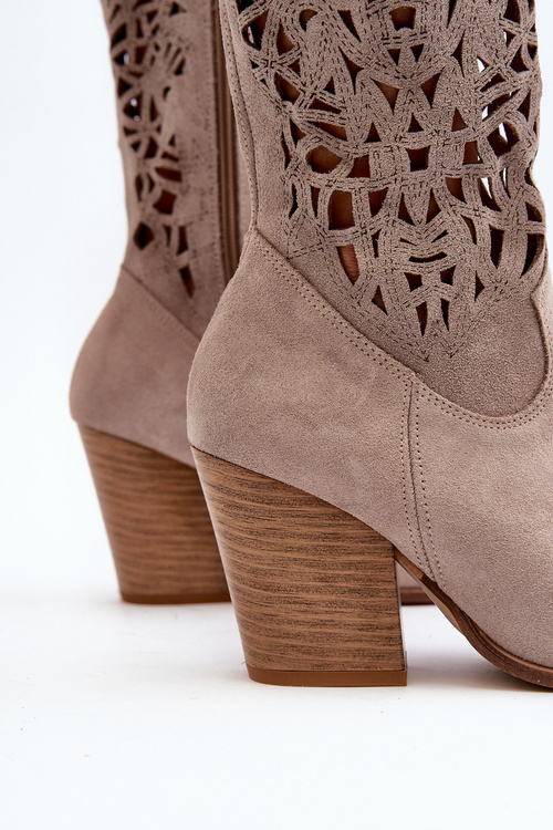 Жіночі бежеві замшеві ажурні чоботи на високих підборах Zazoo 3166/P