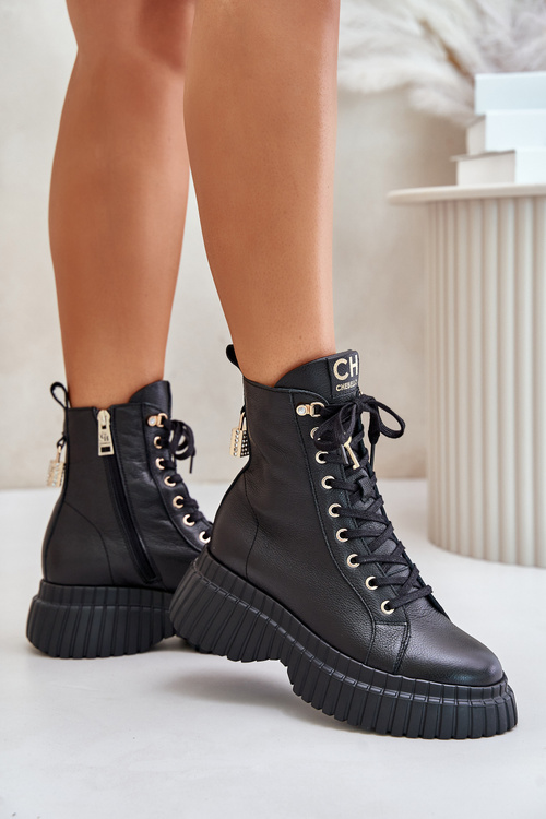 Шкіряні ботильйони на платформі на блискавці та декоративному замку CheBello 4517 Чорні