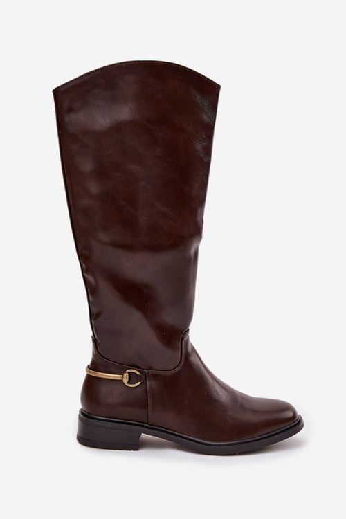 Зимові жіночі чоботи на плоскому каблуці з оздоблювальним елементом шоколадні Renaya