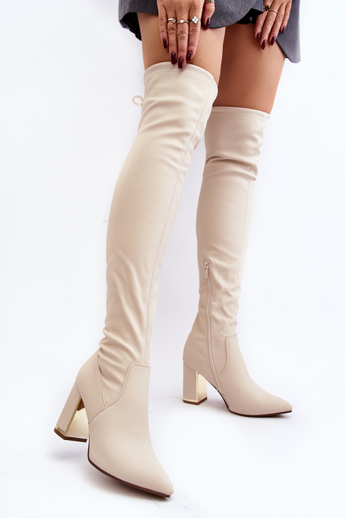 Шкіряні чоботи на підборах бежеві Amalitas