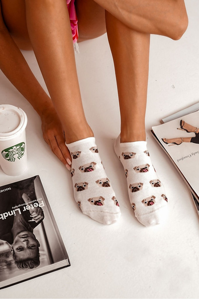 Жіночі Бавовняні Шкарпетки З Мопсами Ecru