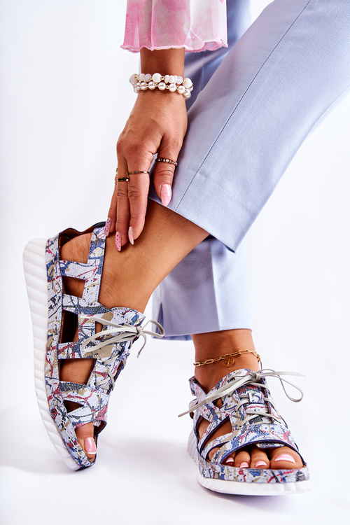 Жіночі шкіряні босоніжки на липучці 05375-06 Сині