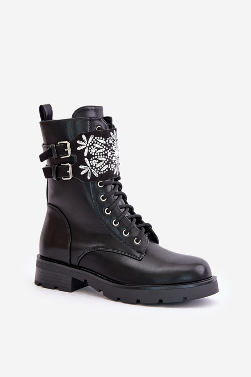 Утеплені робочі черевики з декоративним ремінцем і пряжками чорного кольору Viveria