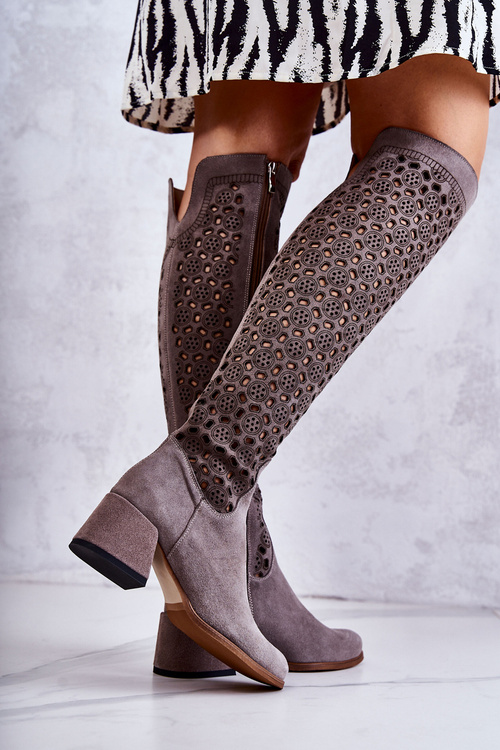 Ажурні замшеві високі чоботи сірі Hekilea