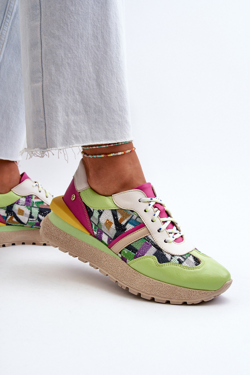 Жіночі шкіряні кросівки на платформі Maciejka 06322-09 Зелено-рожеві
