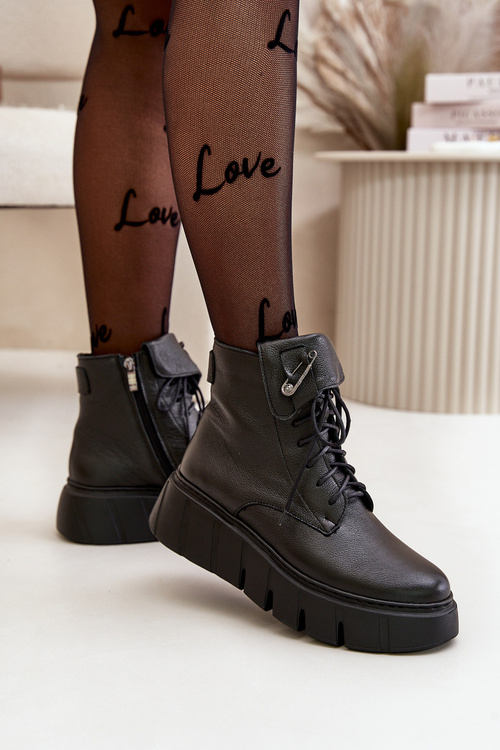 Жіночі шкіряні ботильйони Zazoo 60511 на платформі, утеплені чорні