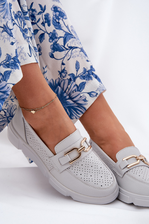 Жіночі Шкіряні Мокасини з Золотим Деталем Jasnoszare Vinceza 88007