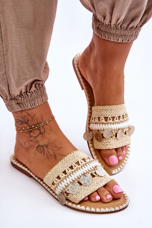 Жіночі плетені тапочки з прикрасами бежеві Millano