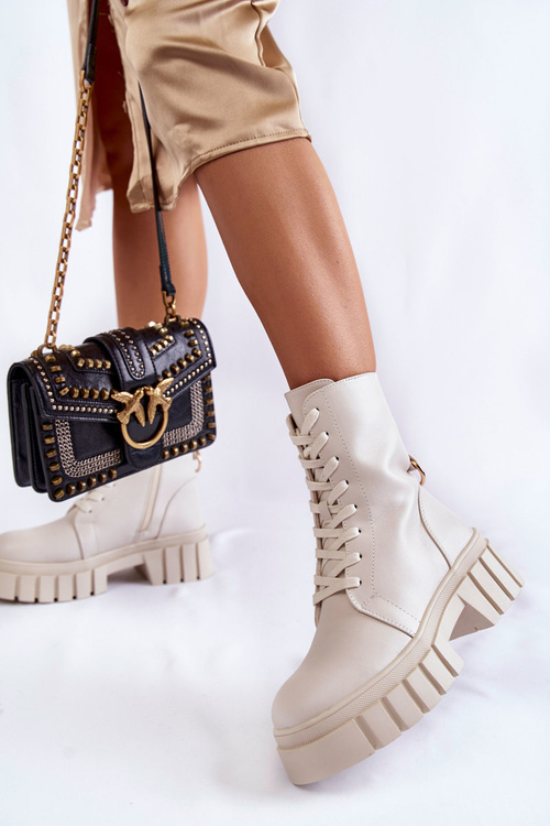 Шкіряні утеплені черевики на платформі світло-бежеві Telisa