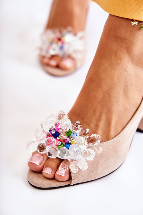 Модні замшеві босоніжки човники з декором бежеві Meriss