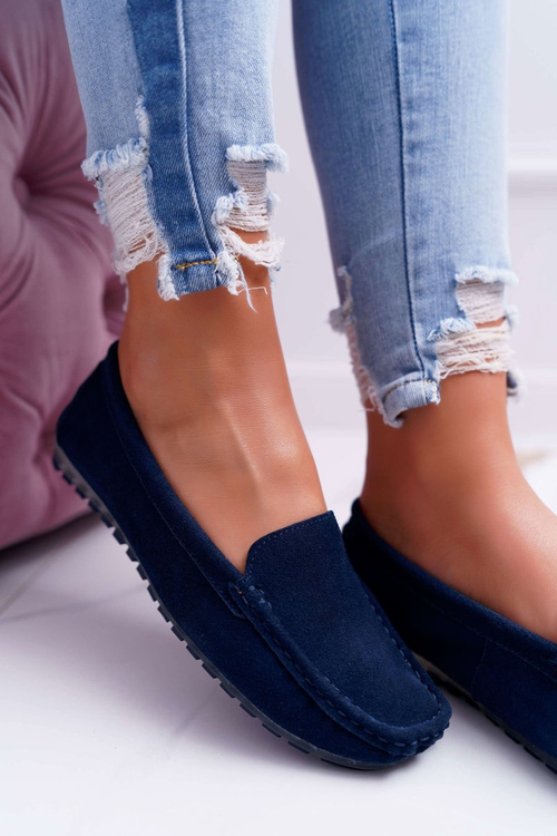 Жіночі замшеві шкіряні мокасини темно-сині Tenzion