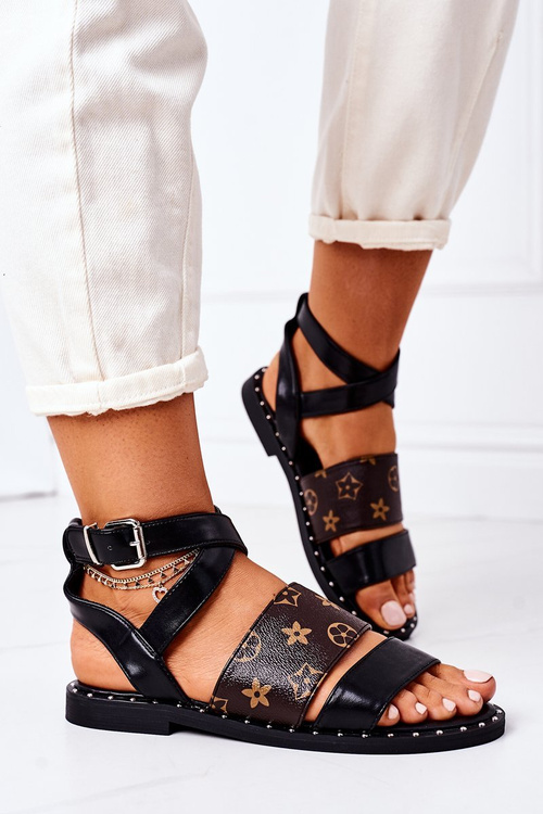 Шкіряні босоніжки на плоскій підошві Black Loretta