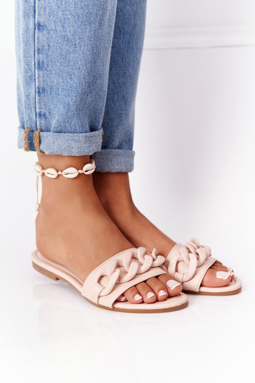 Шкіряні тапочки з ланцюжком Бежеві крок за кроком