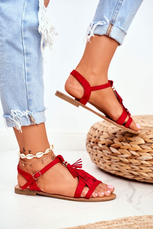 Жіночі замшеві босоніжки на плоскій підошві Boho Red Lucami