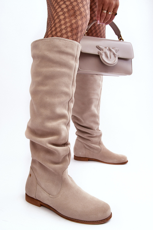 Жіночі замшеві чоботи до коліна Maciejka 05790-22 світло-бежевий