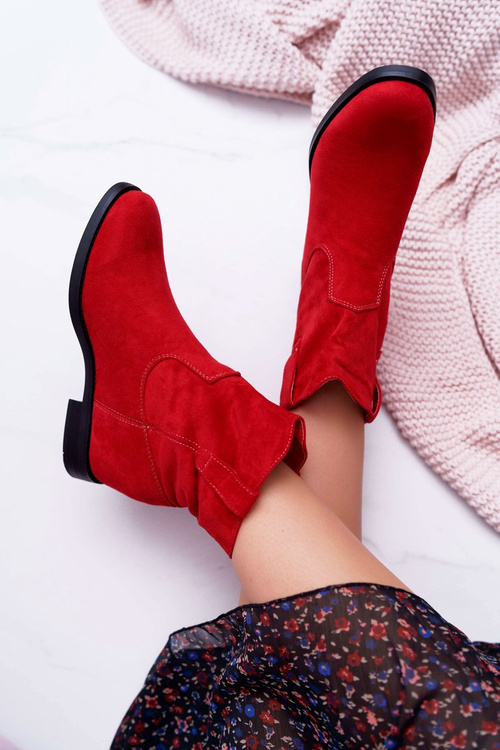 Жіночі ботфорти на шпильці Плоский каблук Утеплені до щиколотки Червоні деміні