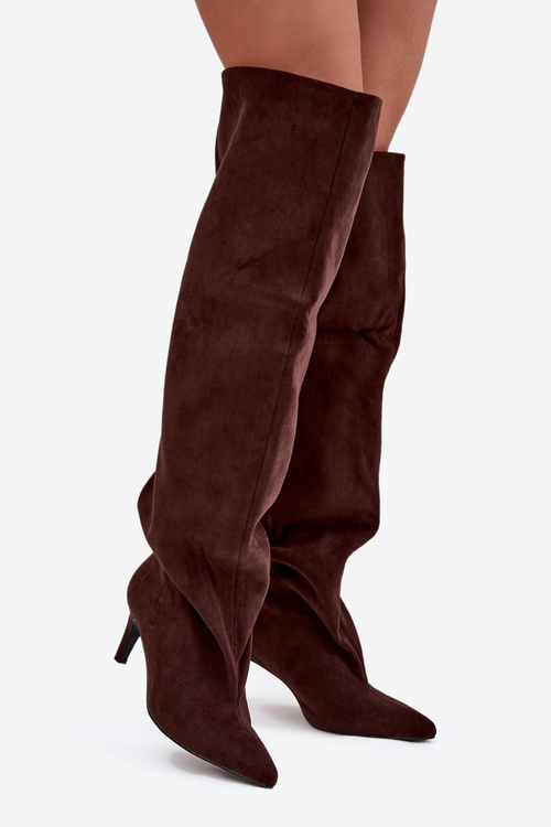 Жіночі чоботи на високому каблуці без застібки шоколадні Mavilla