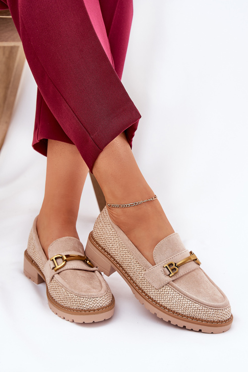 Жіночі мокасини з плетивом і золотим деталем бежеві Seffolia
